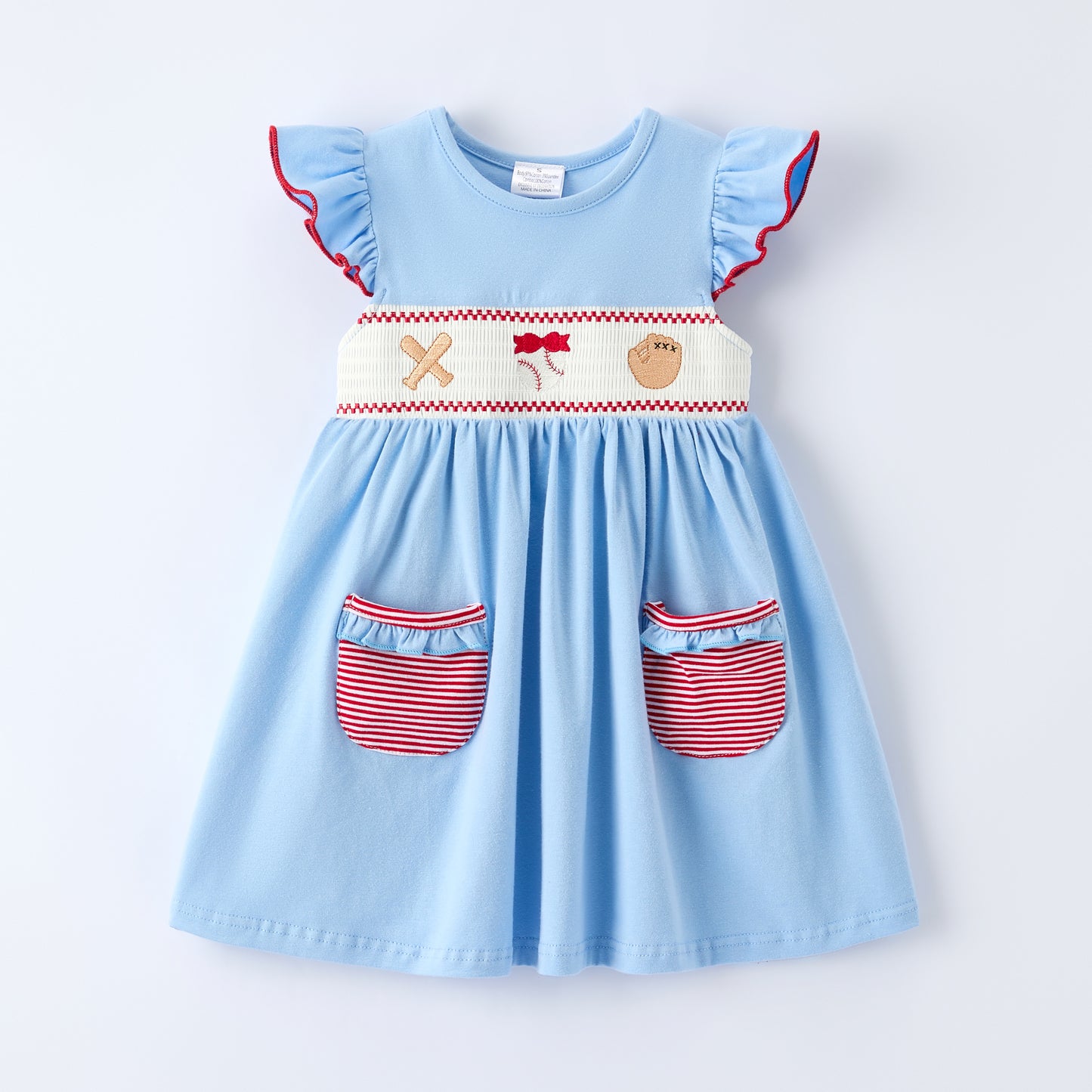 Girls Spring Baseball Embroidery Smocked Blue Dress