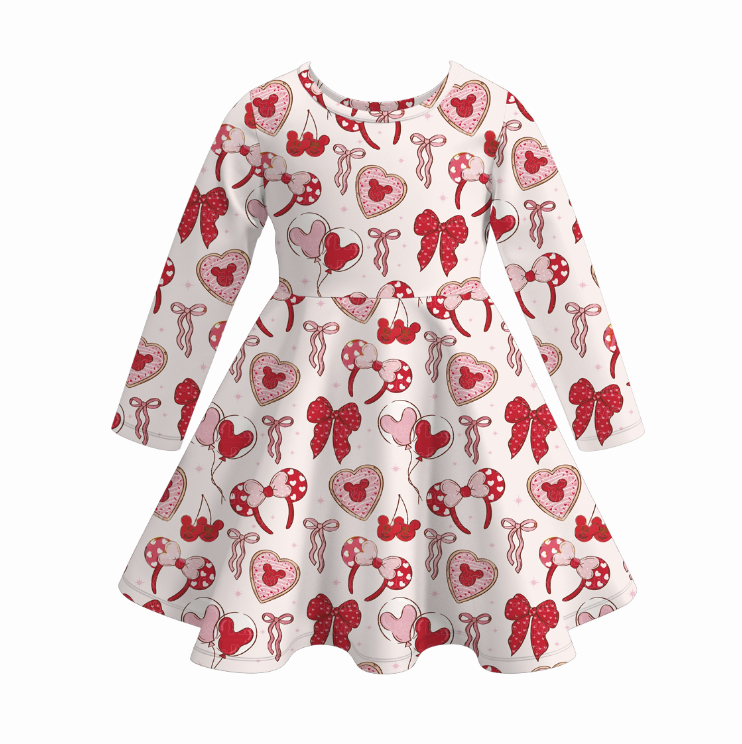 2026 Valentine's Day Spring Bow Heart Print Girls Twirl Dress