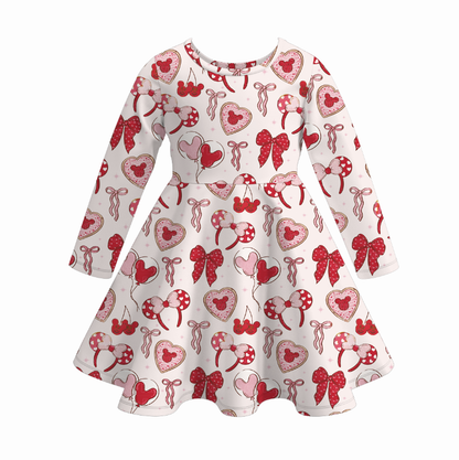 2026 Valentine's Day Spring Bow Heart Print Girls Twirl Dress