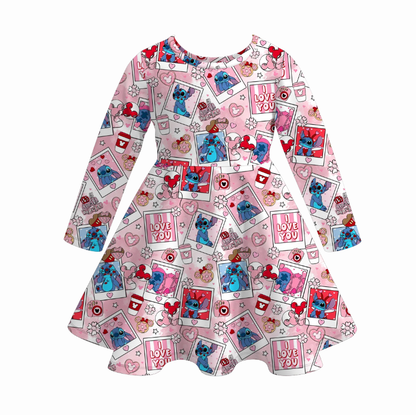 2026 Valentine's Day Spring Bow Heart Print Girls Twirl Dress