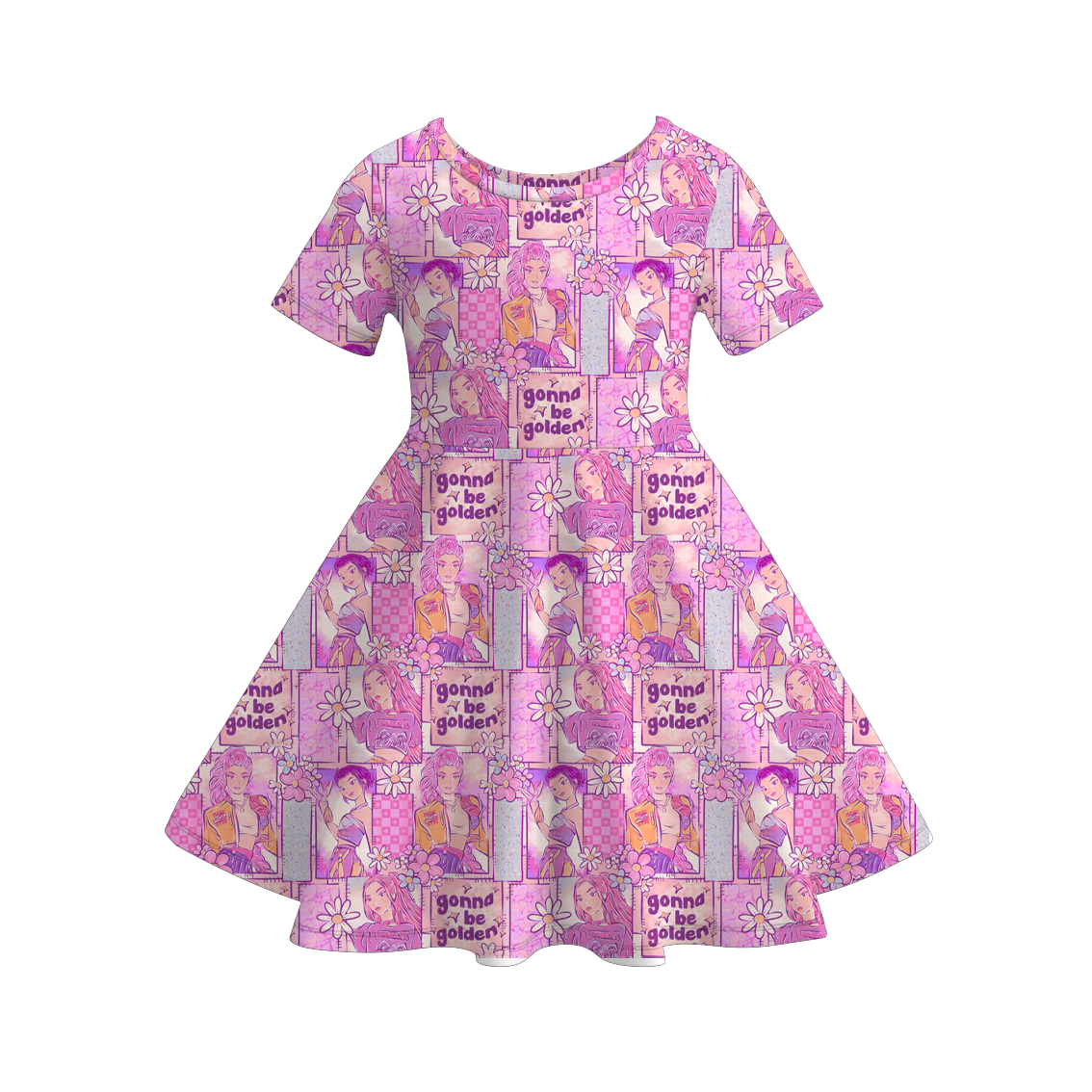 Girls Fall Kpop Demon Hunter Print Short Sleeves Twirl Dress