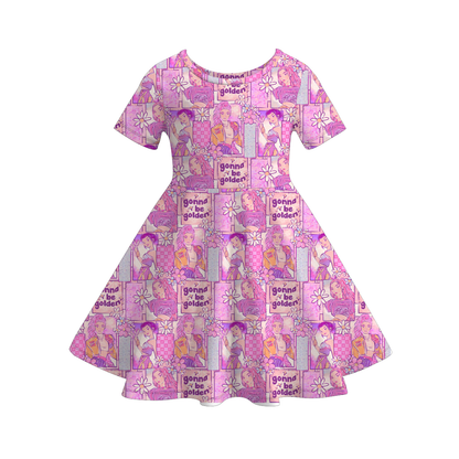 Girls Fall Kpop Demon Hunter Print Short Sleeves Twirl Dress
