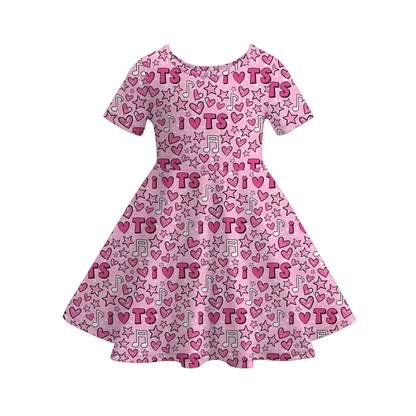 Valentine's Day Heart  Print Short Sleeves Girls Twirl Dress