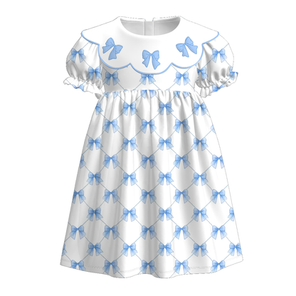 Kids Spring Summer Blue Bow Smock Embroidery Collection