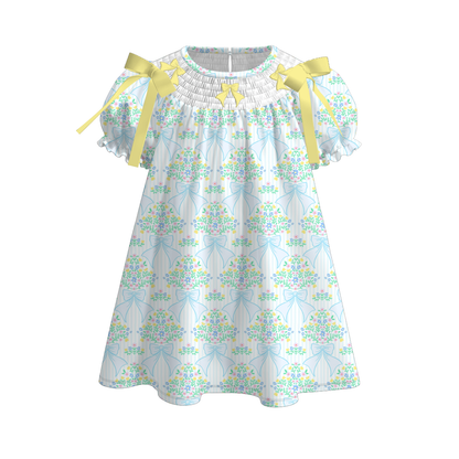 Spring Summer Yellow Bow Floral Smock Embroidery Dress & Romper