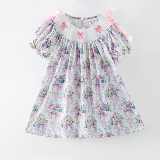 Spring Summer Pink Bow Floral Smock Embroidery Dress & Romper