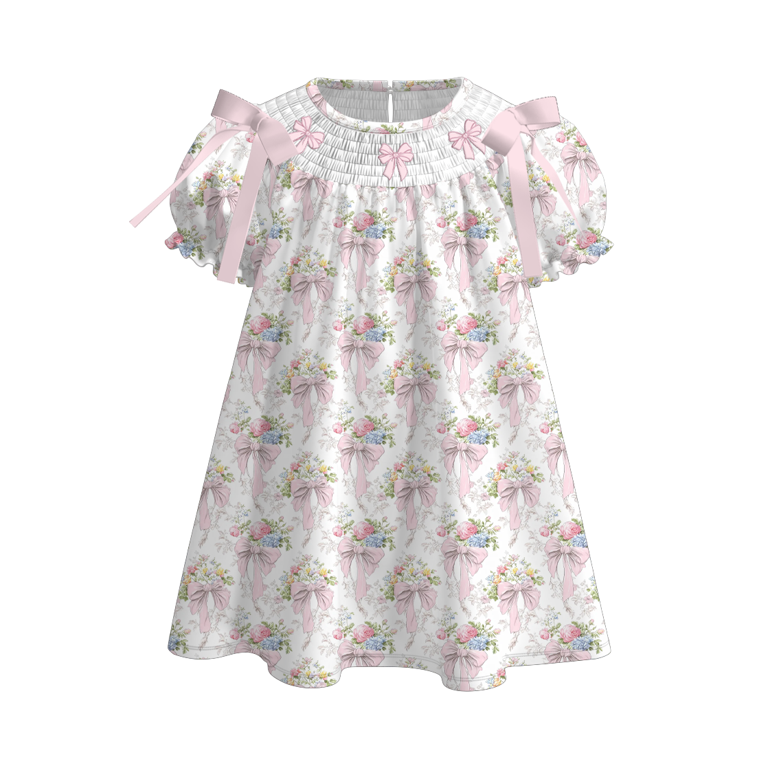Spring Summer Pink Bow Floral Smock Embroidery Dress & Romper
