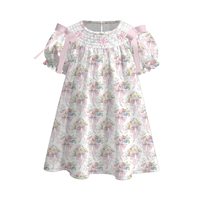 Spring Summer Pink Bow Floral Smock Embroidery Dress & Romper
