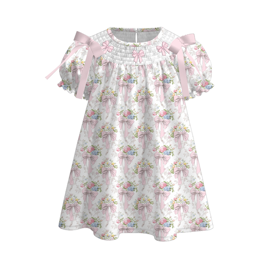 Spring Summer Pink Bow Floral Smock Embroidery Dress & Romper