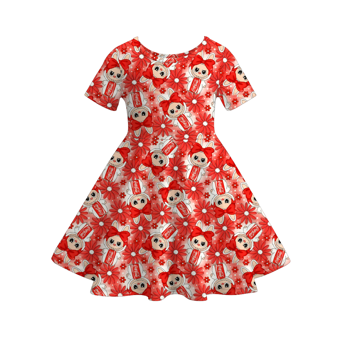 Girls Spring Summer LABUBU Print Short Sleeves Twirl Dress