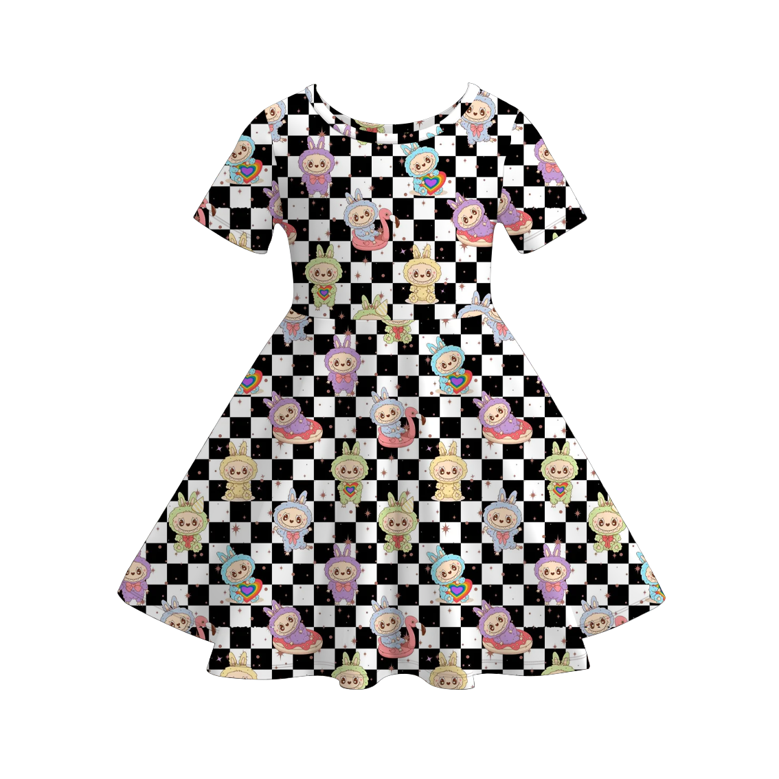 Girls Spring Summer LABUBU Print Short Sleeves Twirl Dress