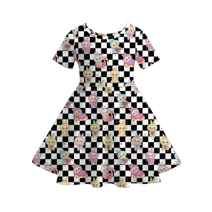 Girls Spring Summer LABUBU Print Short Sleeves Twirl Dress