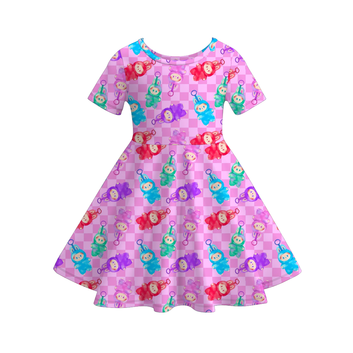Girls Spring Summer LABUBU Print Short Sleeves Twirl Dress