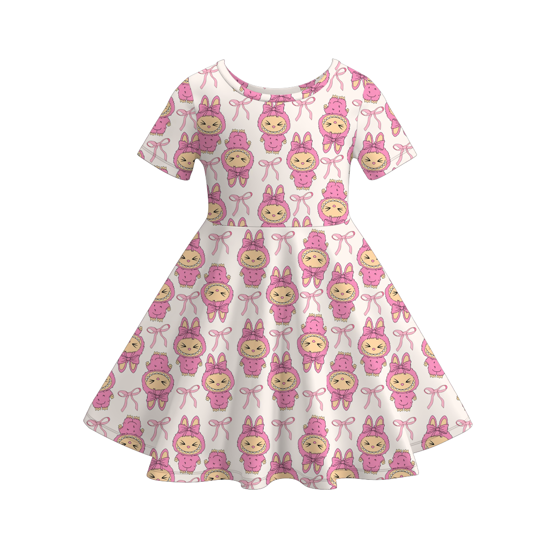 Girls Spring Summer LABUBU Print Short Sleeves Twirl Dress