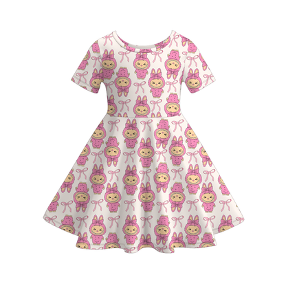 Girls Spring Summer LABUBU Print Short Sleeves Twirl Dress