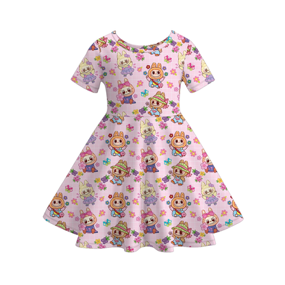Girls Spring Summer LABUBU Print Short Sleeves Twirl Dress
