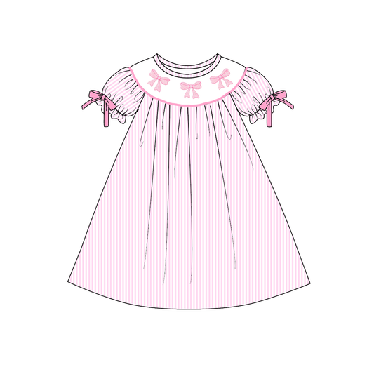 2026 Spring Summer Pink Bow Smock Embroidery Dress & Romper