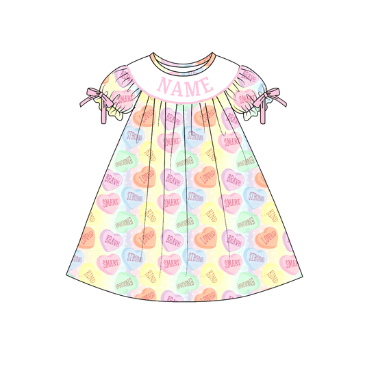 Girls Valentine's Day Heart XOXO Custom Name Smock Embroidery Dress