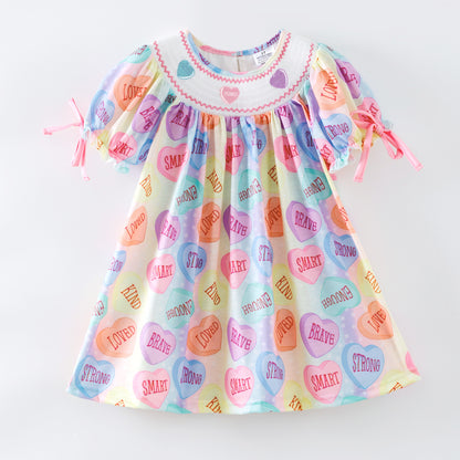 Girls Valentine's Day Heart XOXO Smock Embroidery Dress