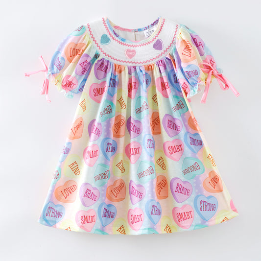 Girls Valentine's Day Heart XOXO Smock Embroidery Dress