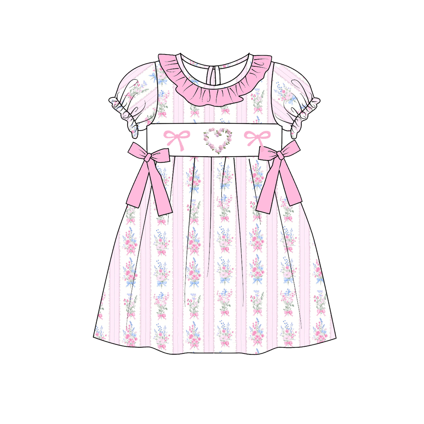 Valentine's Day Pink Foral Custom Name Smocked Embroidered Collection