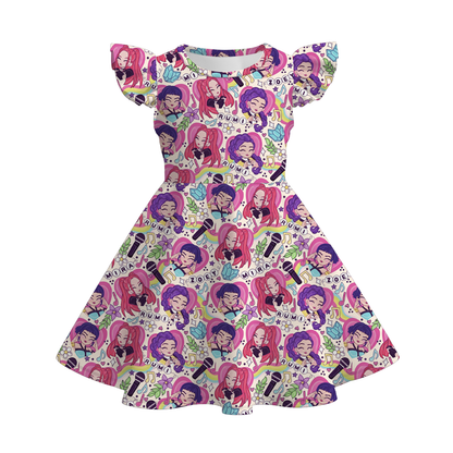 Girls Summer Kpop Demon Hunter Print Twirl Dress