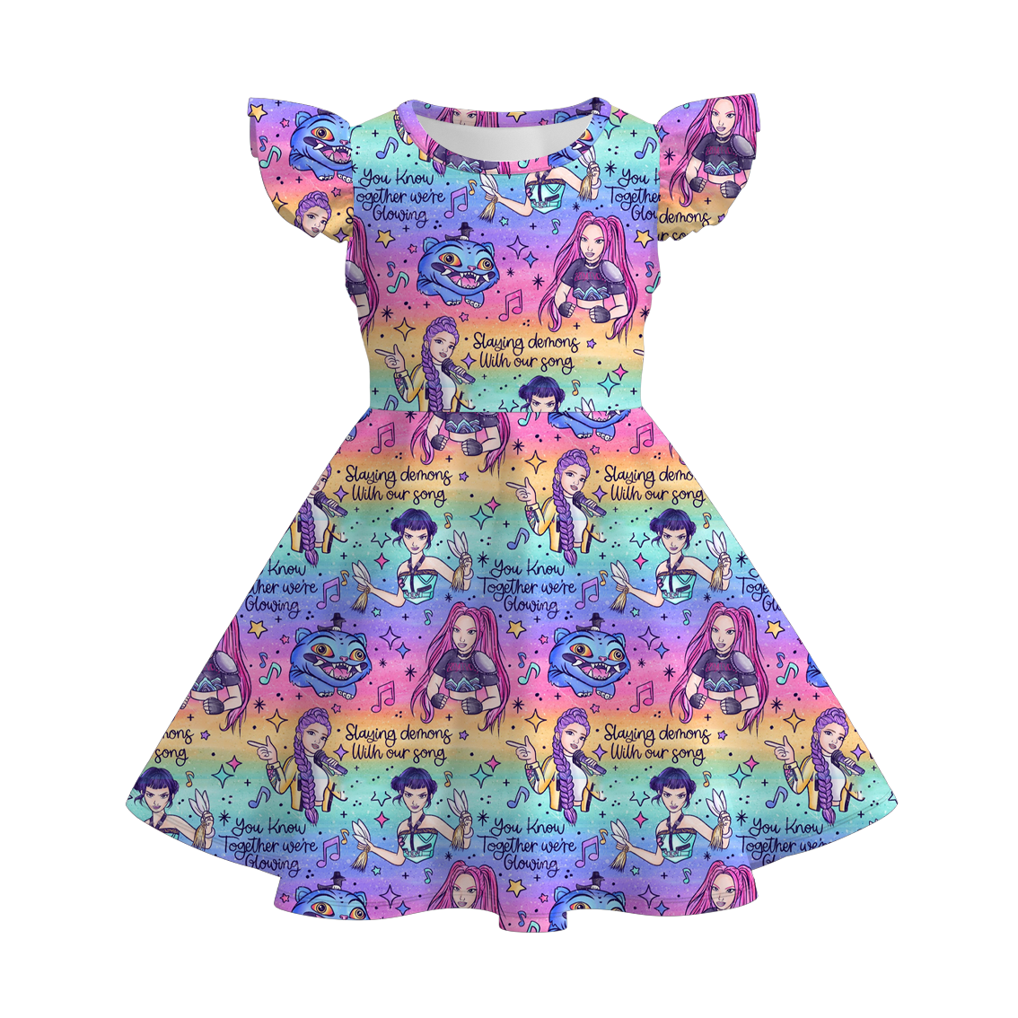 Girls Summer Kpop Demon Hunter Print Cute Twirl Dress