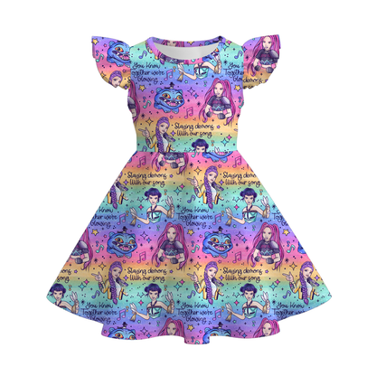 Girls Summer Kpop Demon Hunter Print Cute Twirl Dress
