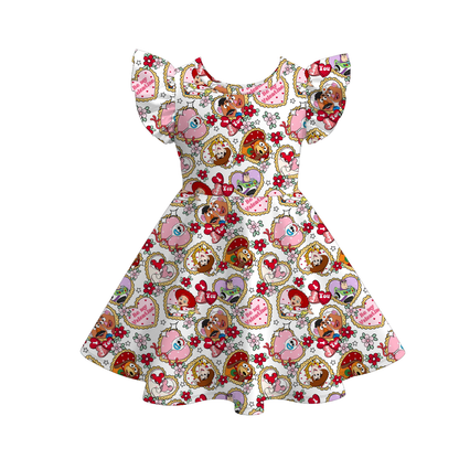 Girls Valentine's Day Cartoon Heart Print Short Sleeves Twirl Dress