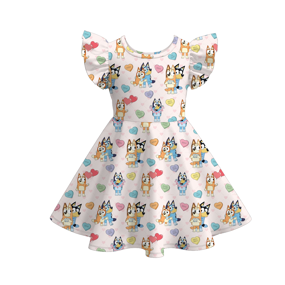 Girls Valentine's Day Cartoon Heart Print Short Sleeves Twirl Dress