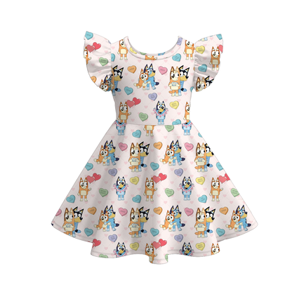 Girls Valentine's Day Cartoon Heart Print Short Sleeves Twirl Dress