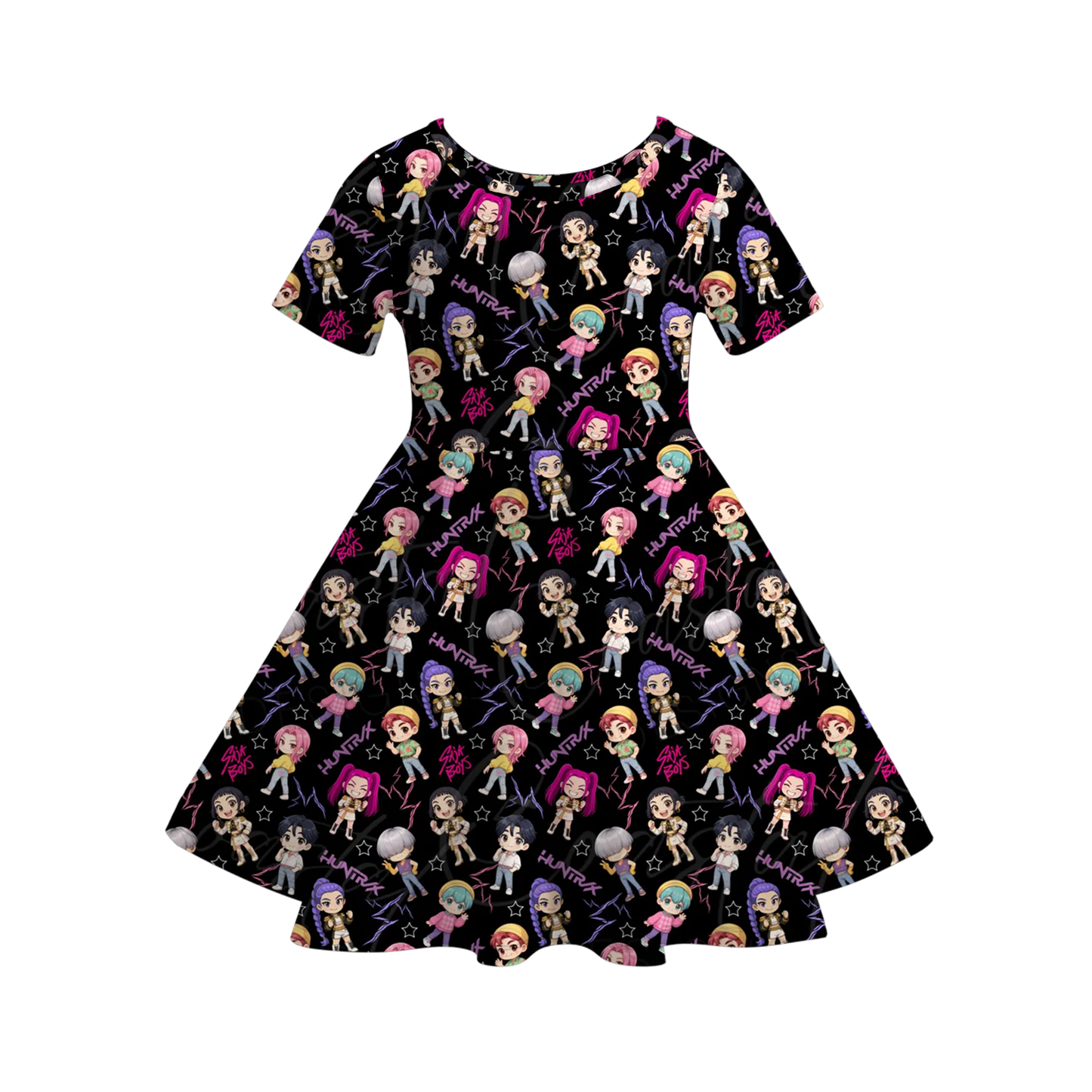 Girls Spring Summer Kpop Demon Hunter Print Twirl Dress