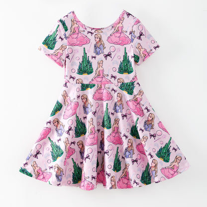 Summer Pink Princess Castle Printed Twirl Dress