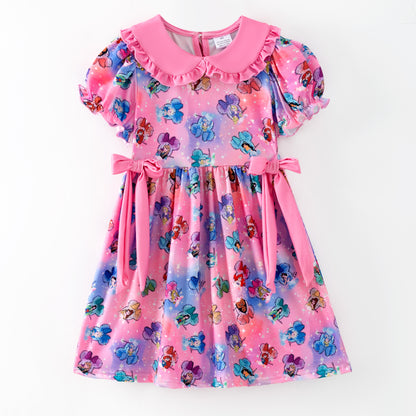 Princess Character Printed Pink Bow Ruffled Twirl Dress For Girls