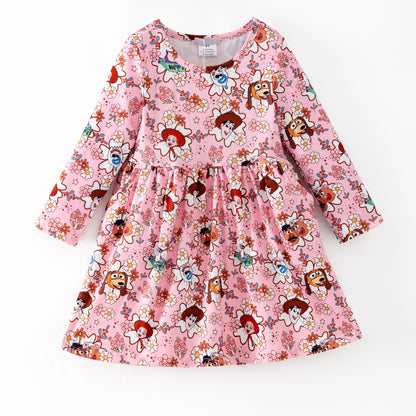 Spring Floral Character Printed Twirl Dress For Girls