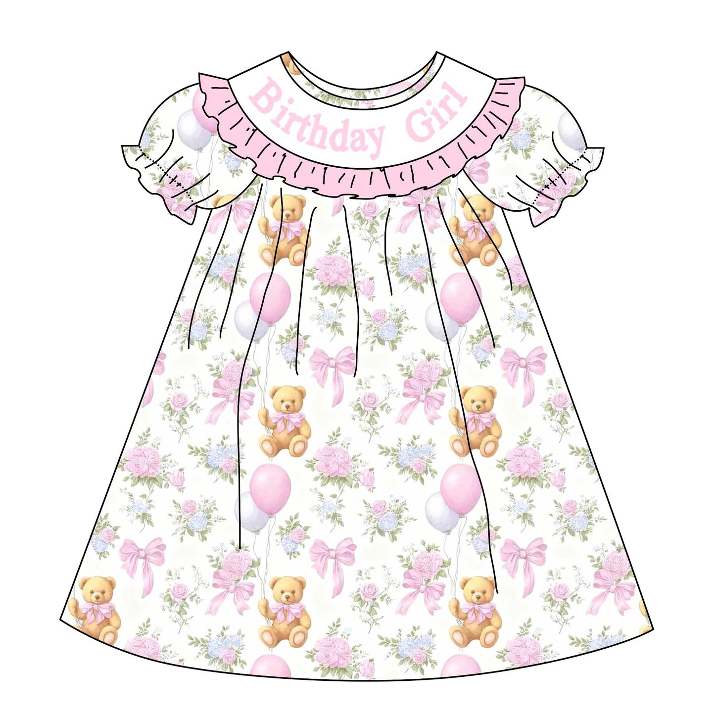 Birthday Girl Smocked Embroidered Celebrate Bear Collection