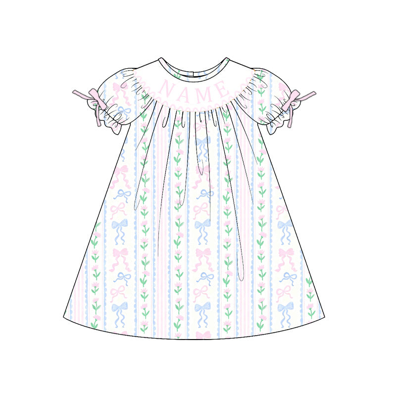 Summer Blue Pink Bow Custom Name Embroidery Smock Outfits