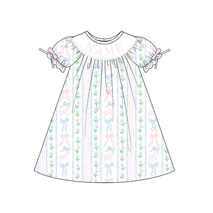 Summer Blue Pink Bow Custom Name Embroidery Smock Outfits