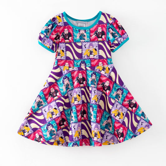 Kids Summer K-Pop Demon Hunter Fashion Print Twirl Dress