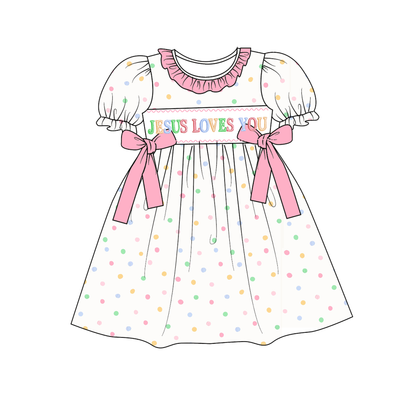 Easter Colorful Dots JESUS LOVES YOU Embroidery Smock Dress & Romper