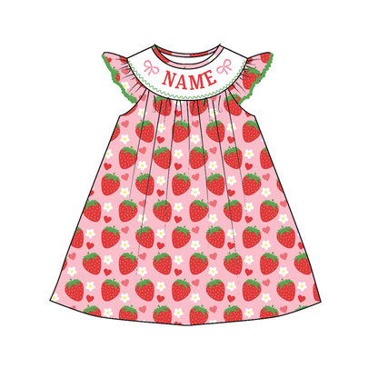 Spring Strawberry Bow Custom Name Embroidery Smock Outfits