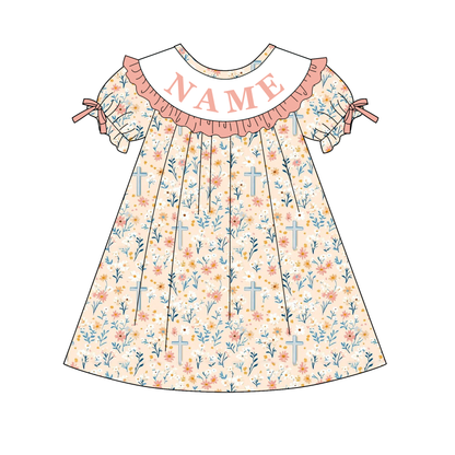 Spring Coral Floral Custom Name Embroidery Smock Outfits