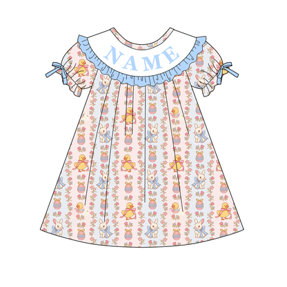 Spring Blue Floral Custom Name Embroidery Smock Outfits