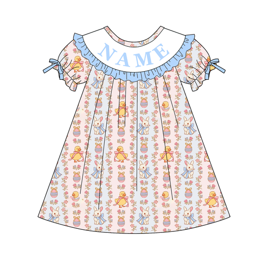 Spring Blue Floral Custom Name Embroidery Smock Outfits