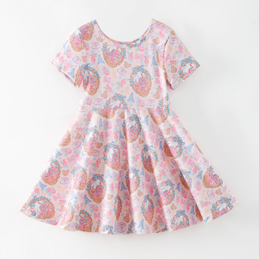 Girls Summer Cartoon Cute Castel Printed Party Outfits