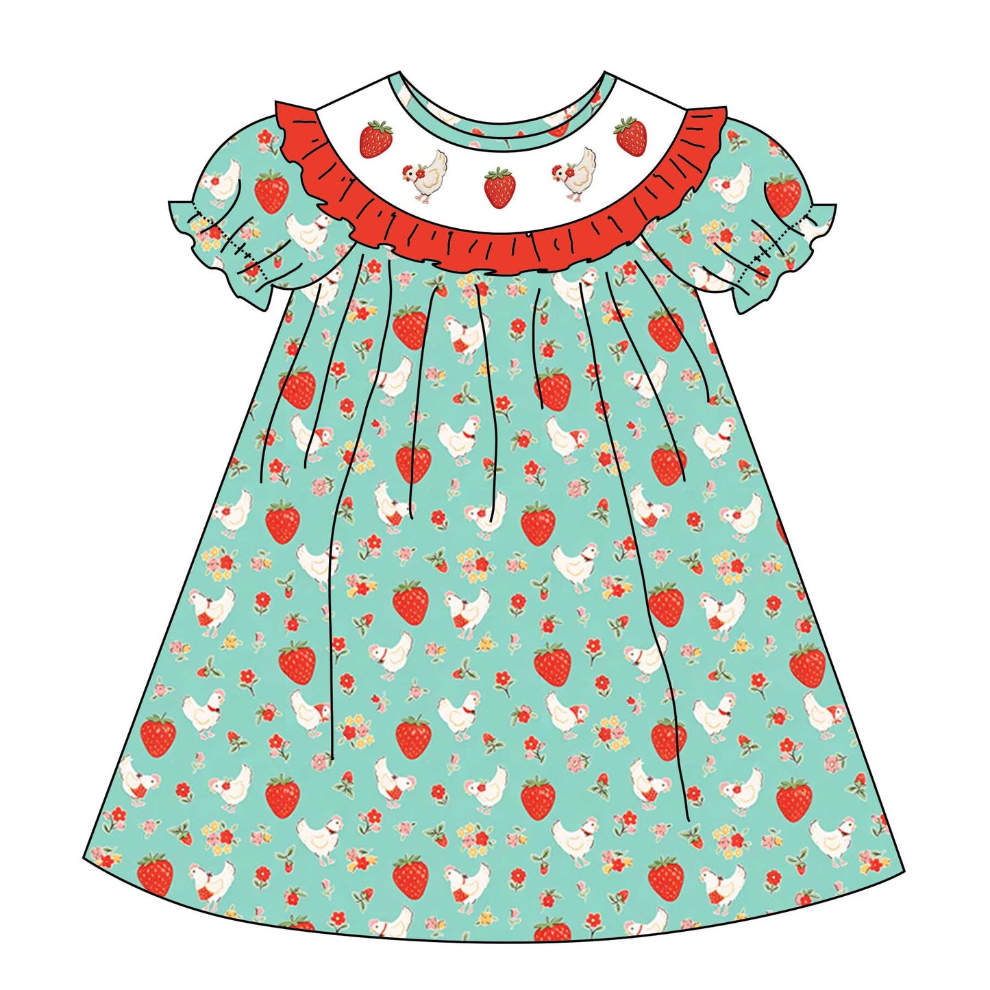 Spring Summer Strawberry Chick Floral Smock Embroidery Dress & Romper