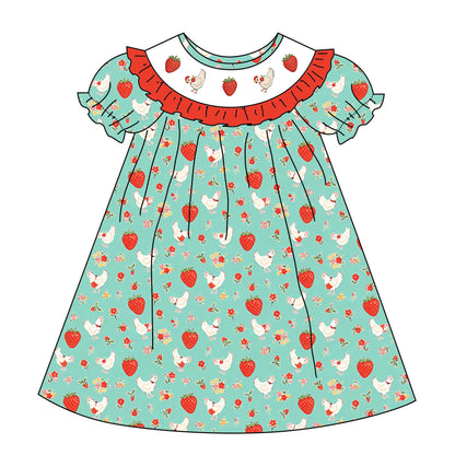 Spring Summer Strawberry Chick Floral Smock Embroidery Dress & Romper