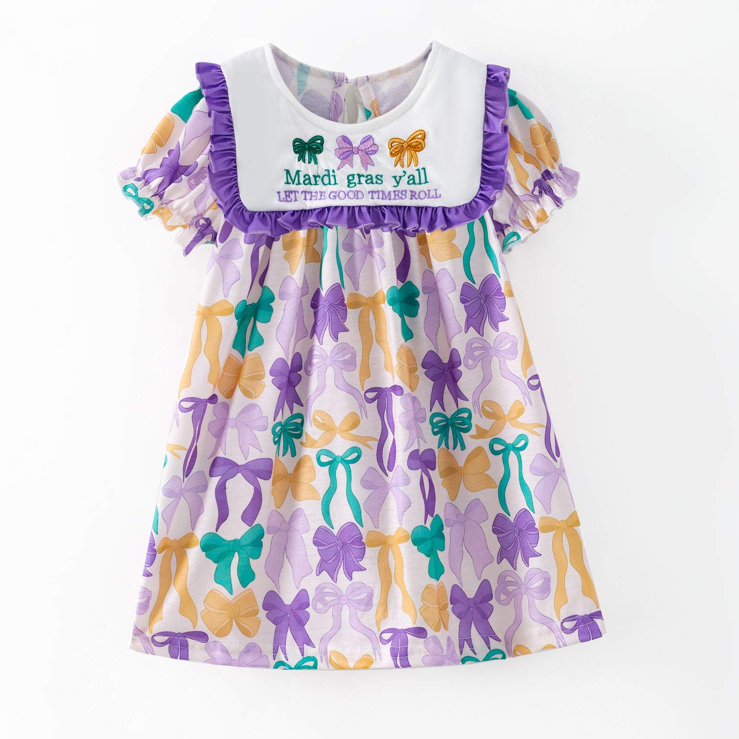 Mardi Gras Purple Green Yellow Bows Embroidery Dress & Romper