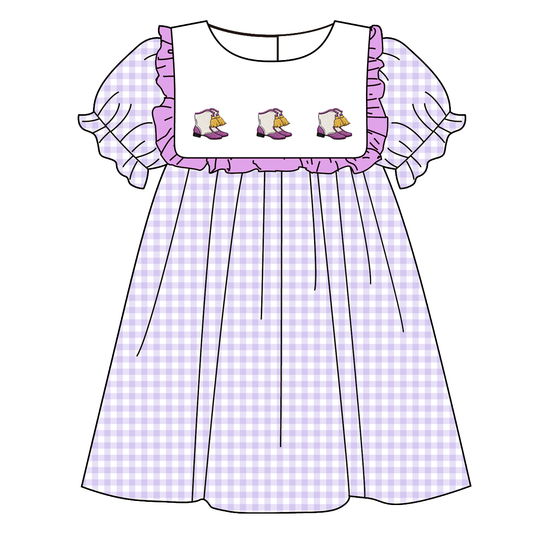 Spring Summer Purple Plaid Boots Embroidery Dress & Romper