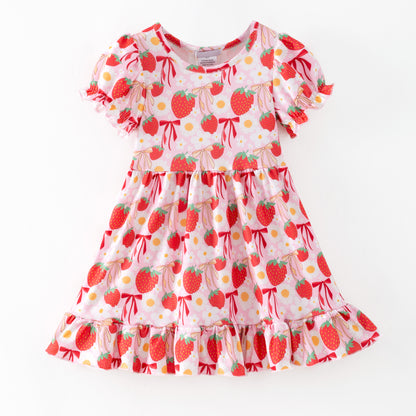Spring Strawberry Printed Ruffled Twirl Dress For Girls
